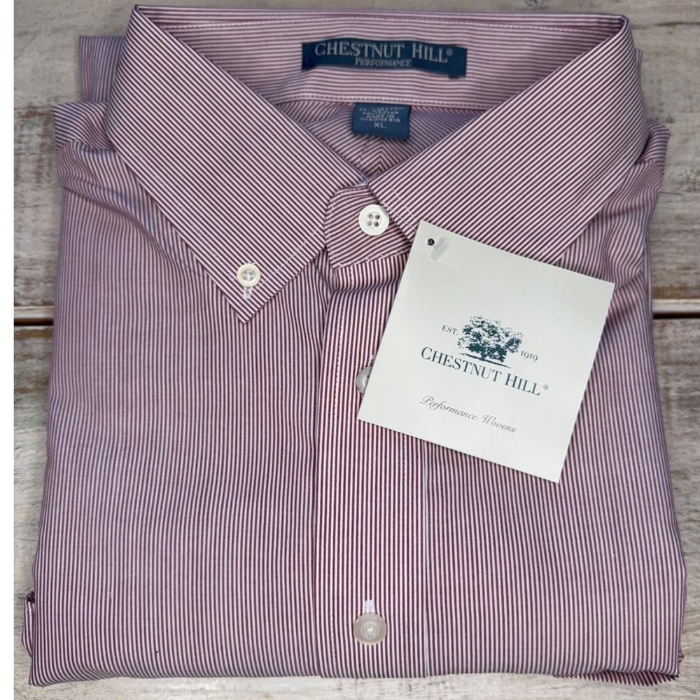 Chestnut Hill Mens XL Burgundy White Pinstripe Long Sleeve Button Down Shirt NWT